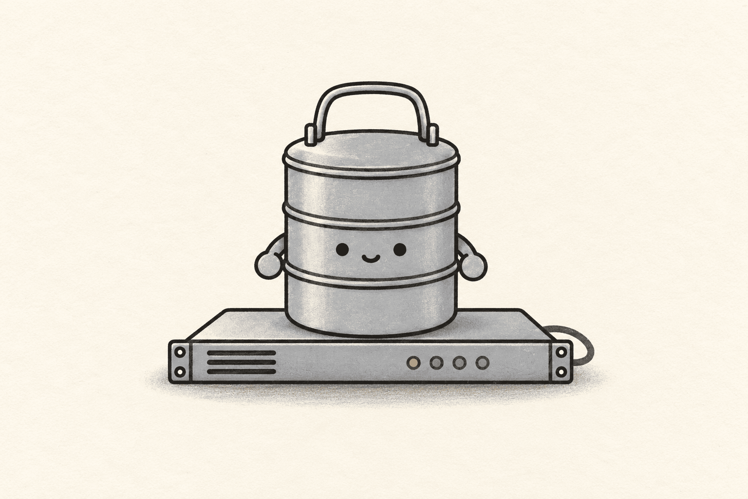 A smiling steel tiffin tin mascot sits centered on a rack server against a warm cream background.