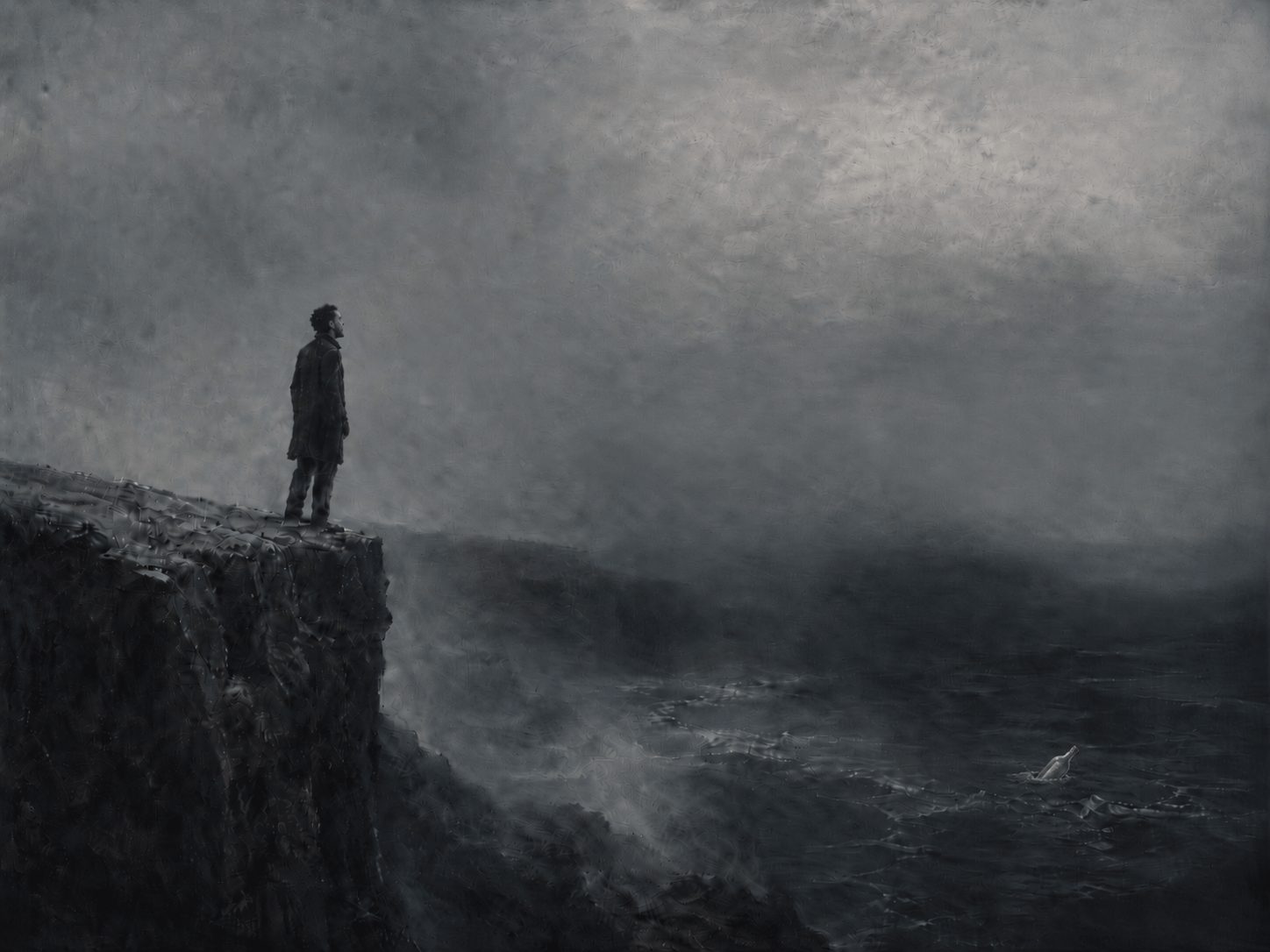 A person standing on a cliff above a dark sea, looking toward a bottle in the water